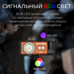 Превью товара: “Светодиодный налобный фонарик с УФ и RGB NICRON D10 оранжевый 500 лм”, купить в интернет магазине